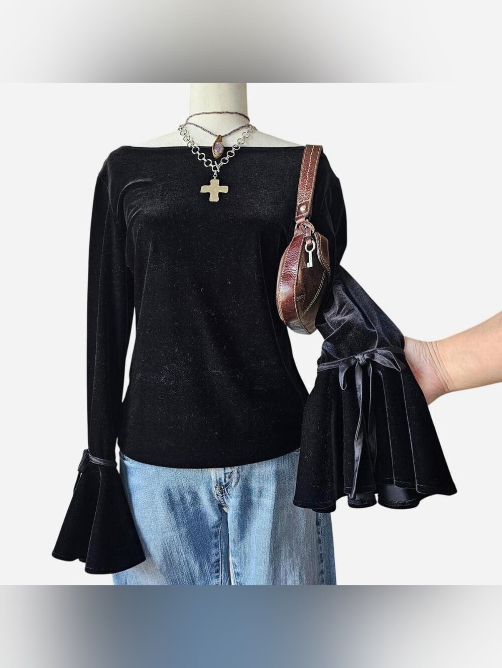 Vintage Xscape Black Velvet Bell Sleeve Top - Large